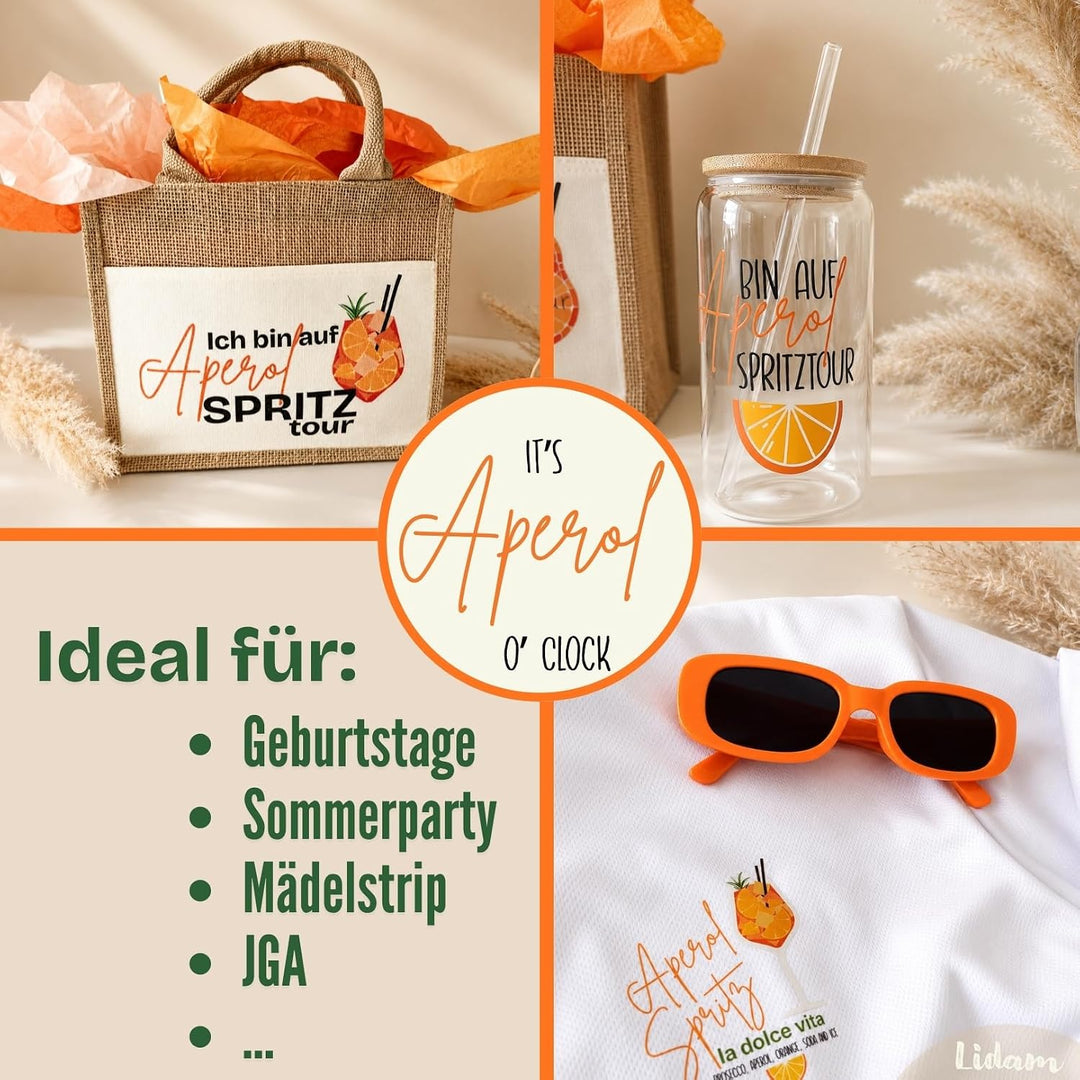Aperol Spritz Geschenkset | Jutetasche mit Aperol T-Shirt Damen, Trinkglas mit Strohhalm | Sommer Ge