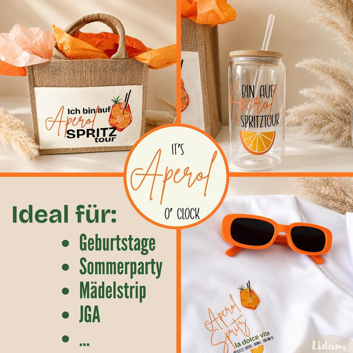 Aperol Spritz Geschenkset | Jutetasche mit Aperol T-Shirt Damen, Trinkglas mit Strohhalm | Sommer Ge