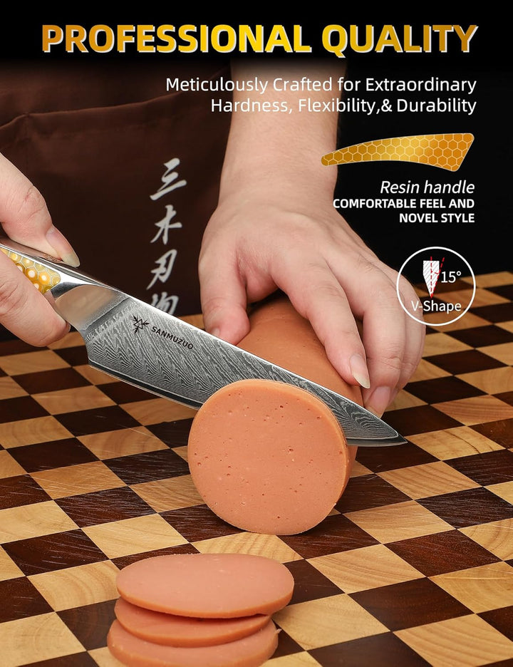 13CM Allzweckmesser, Küchenmesser aus Japanischem VG-10-Damaststahl, ultrascharfes Obstmesser mit Er