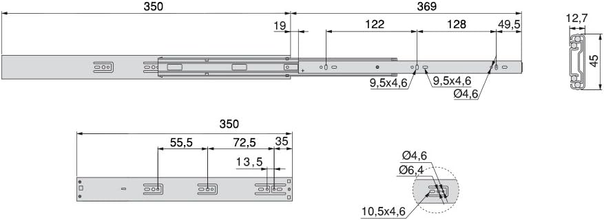 Emuca Schubladenführungen, Vollauszug mit Rollen gedämpftes Scharnier 45mm x 350mm, 5 Sets (10 Stück
