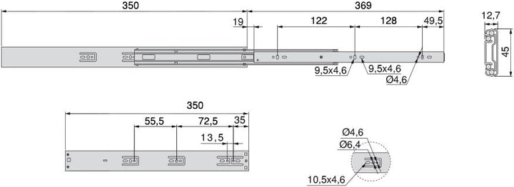 Emuca Schubladenführungen, Vollauszug mit Rollen gedämpftes Scharnier 45mm x 350mm, 5 Sets (10 Stück