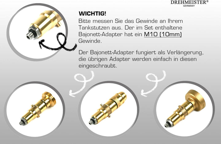 Drehmeister LPG Adapter Set M10 - extra lang - verstärkt - Tankadapter mit Etui - für Gasfahrzeuge -