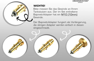 Drehmeister LPG Adapter Set M10 - extra lang - verstärkt - Tankadapter mit Etui - für Gasfahrzeuge -