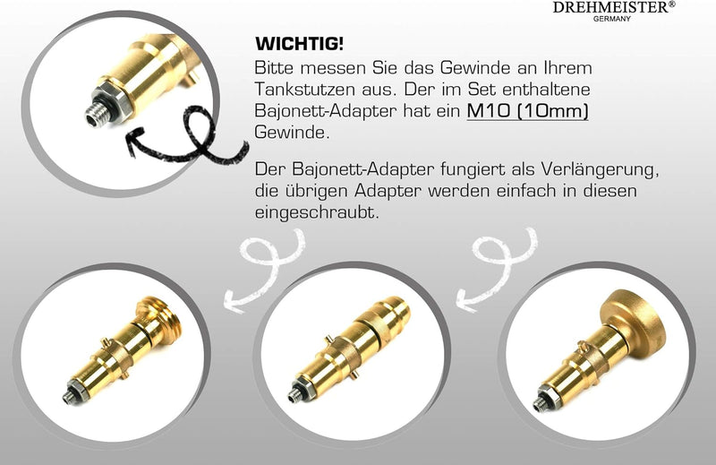 Drehmeister LPG Adapter Set M10 - extra lang - verstärkt - Tankadapter mit Etui - für Gasfahrzeuge -
