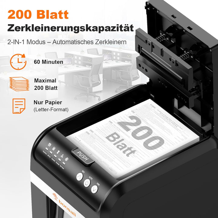 Bonsaii Aktenvernichter mit automatischem 200-Blatt-Einzug, 60 Min Dauerbetrieb, DIN P-4 Mikroschnit
