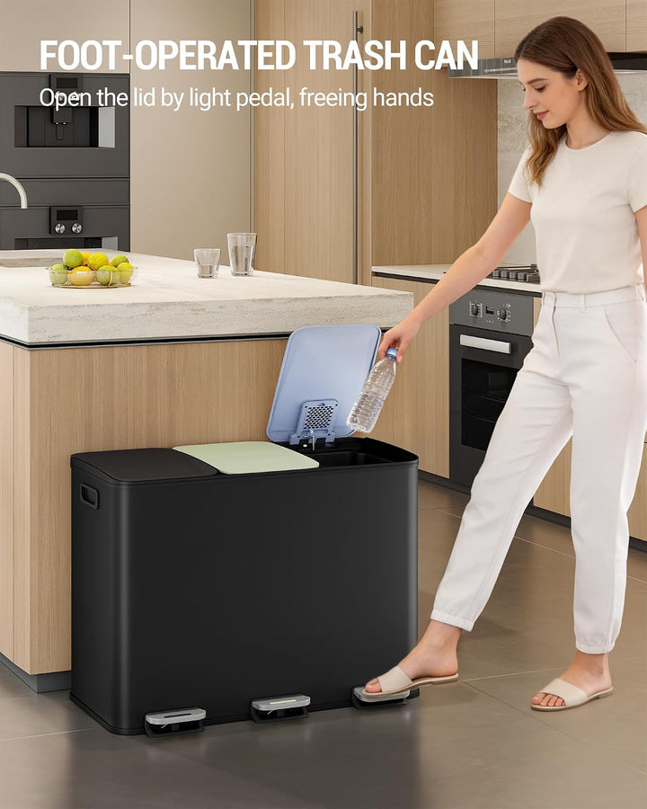Hzuaneri Mülleimer Küche, 3 x 18 L, Mülltrennsystem 3 Fächer, Mülleimer mit Farbigem Soft-Close-Deck