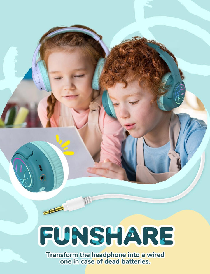 iClever Bluetooth kopfhörer Kinder mit LED-Leuchten, 74/85dBA Lautstärkebegrenzung, 43 Stunden Spiel