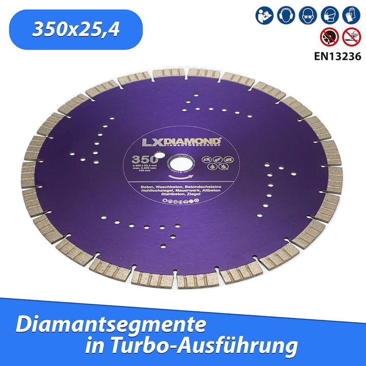 LXDIAMOND Diamant-Trennscheibe 350mm x 25,4mm - Segmente 15mm - passend für Beton Stahlbeton Waschbe