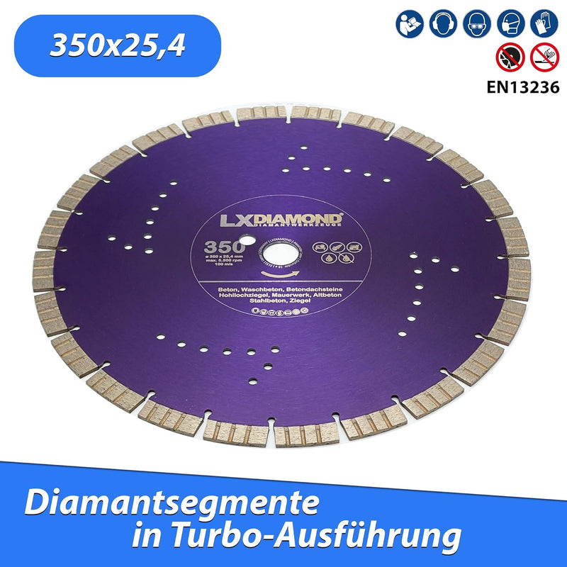 LXDIAMOND Diamant-Trennscheibe 350mm x 25,4mm - Segmente 15mm - passend für Beton Stahlbeton Waschbe