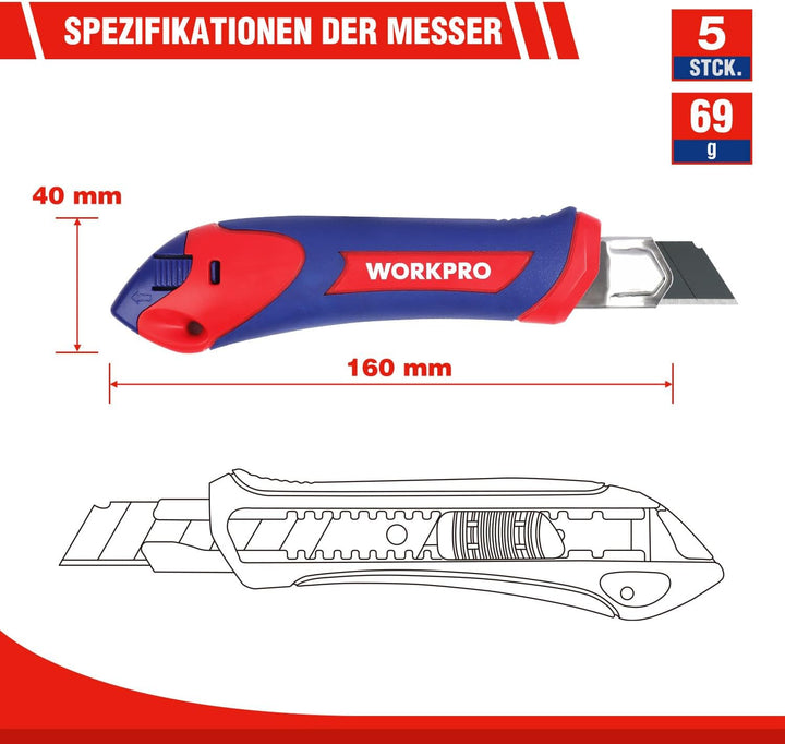 WORKPRO 5 Stück Cuttermesser Set 18mm mit 20 Ersatzklingen aus SK5, Profi Cuttermesser Abbrechklinge