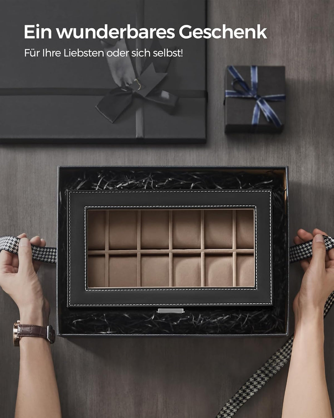 SONGMICS Uhrenbox mit 2 Ebenen, Uhrenkasten, 12 Fächer und 1 Schublade, Glasdeckel, Uhrenkoffer, für