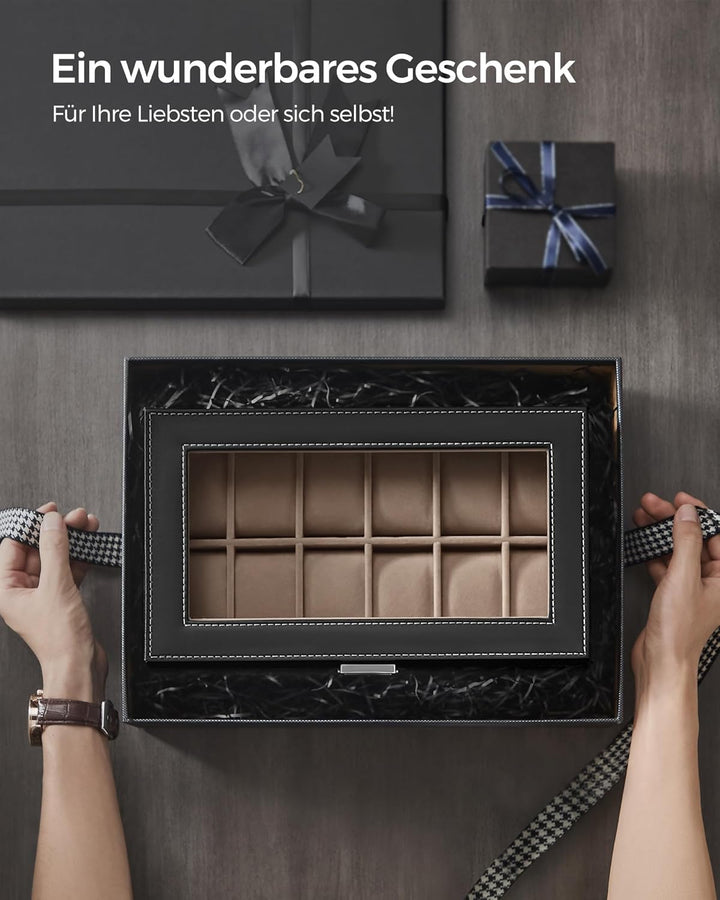 SONGMICS Uhrenbox mit 2 Ebenen, Uhrenkasten, 12 Fächer und 1 Schublade, Glasdeckel, Uhrenkoffer, für