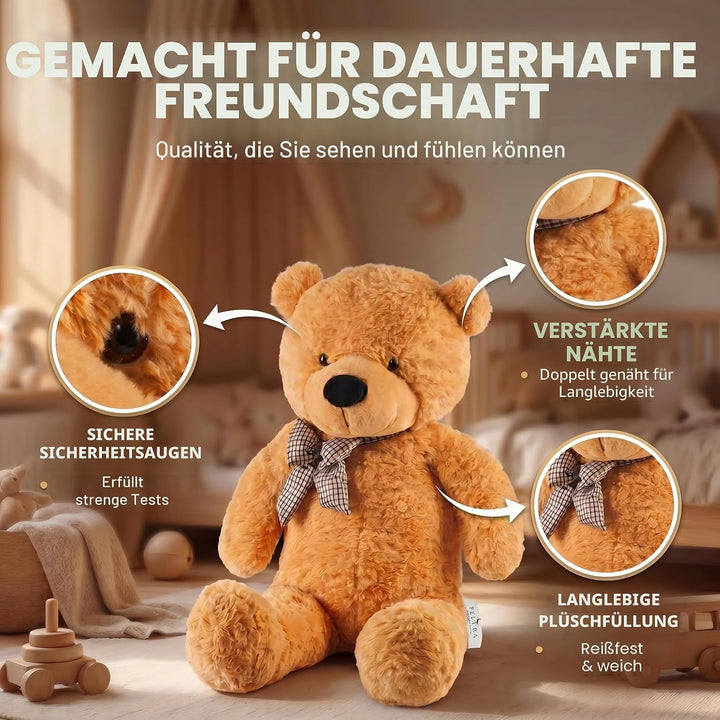 Feluna Riesen Teddybär XXL Kuschelbär 120 cm gross Plüschbär - Original Teddy Bär mit Schleife Hellb