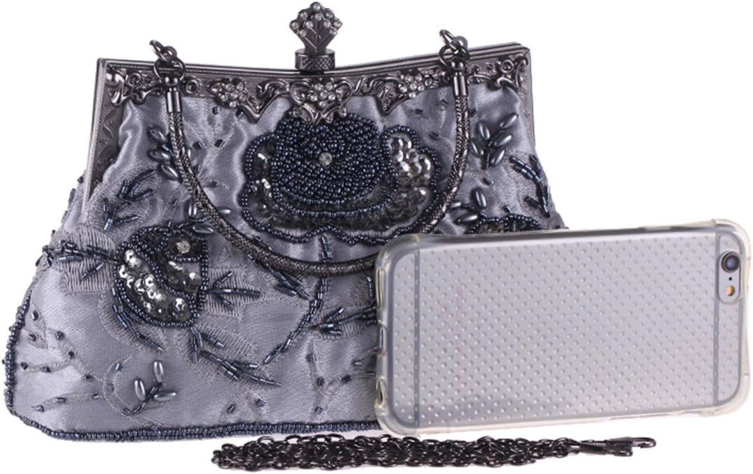 Damen Vintage Floral handgemachte Seed Bead Pailletten Clutch Geldbörse Hochzeit Abendtasche Party P