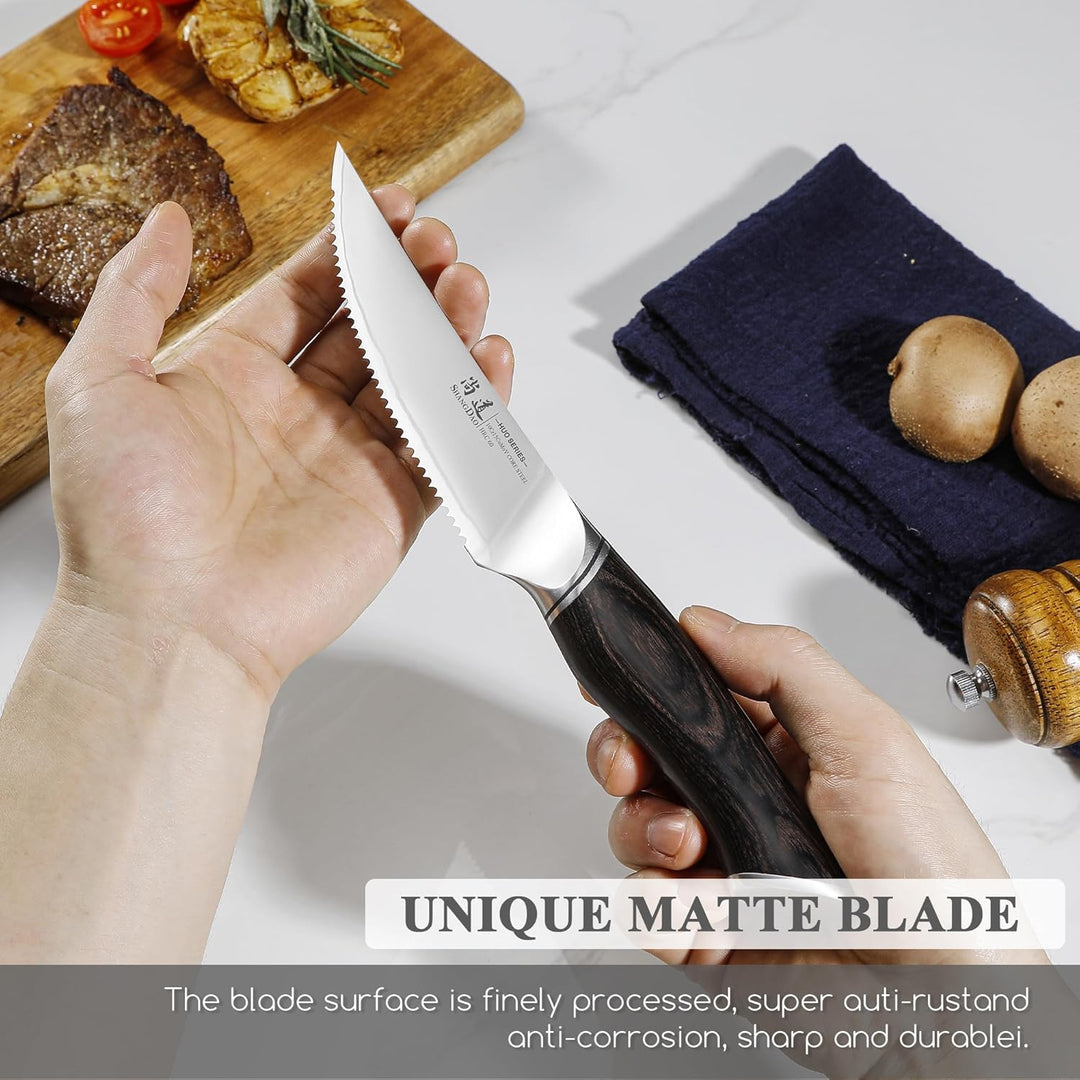 SHANGDAO Steakmesser-Set, 6 Stück, Messerset 12 cm, VG10-Kernstahl, Edelstahl-Steakmesser mit hohem