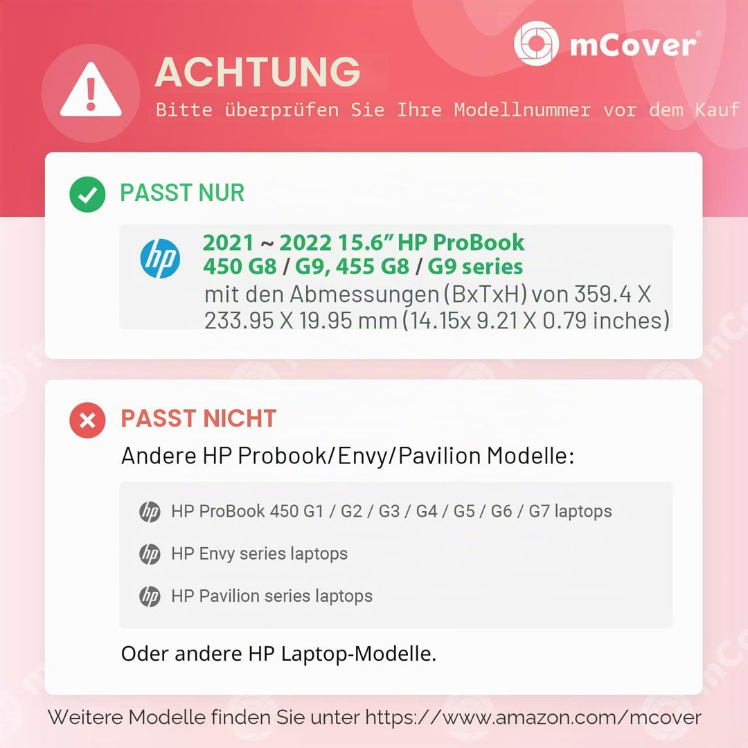 mCover Hartschalenhülle kompatibel mit 2021 15 Zoll HP ProBook 450/455 G8/G9 Und HP EliteBook 650 G8