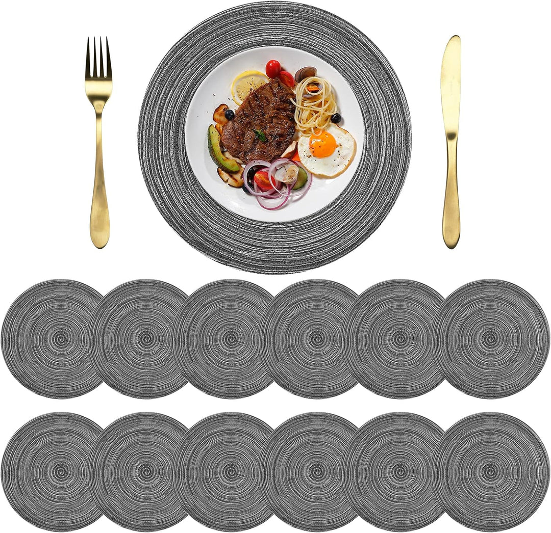 Platzsets Rund Grau Geflochten Tischsets 12er Set Hitzebeständigem Tisch Tischsets Waschbar für Küch