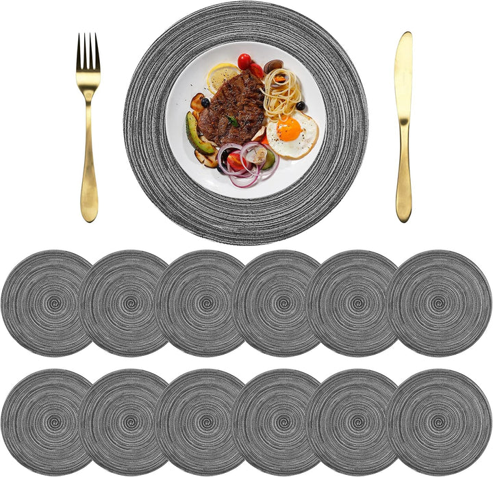 Platzsets Rund Grau Geflochten Tischsets 12er Set Hitzebeständigem Tisch Tischsets Waschbar für Küch