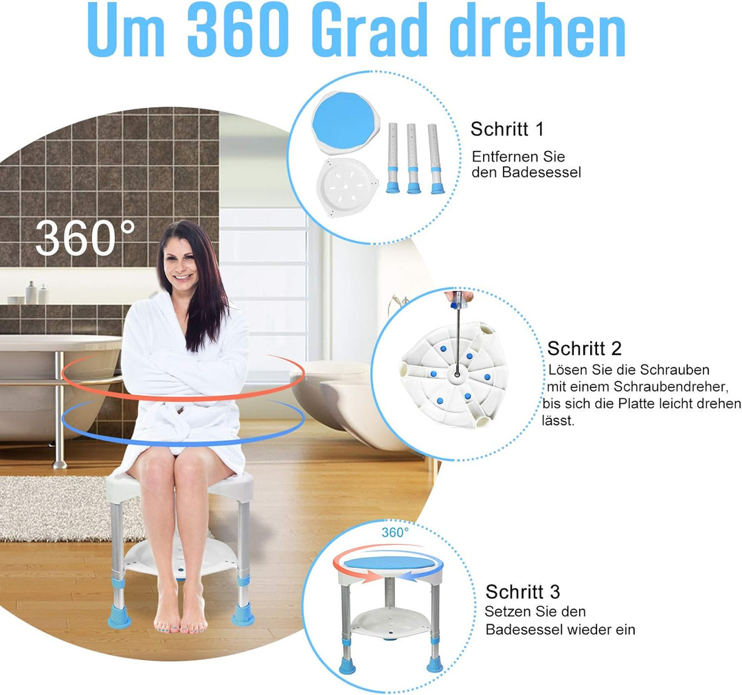 Duschhocker Duschstuhl Höhenverstellbar Anti-Rutsch mit praktische Ablage, Aluminium rund 360° Drehb