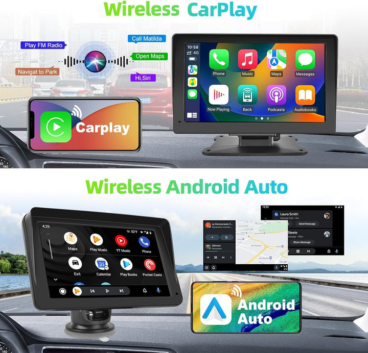 Podofo Tragbares Autoradio mit Kabellosem Apple Carplay und Android Auto, 7-Zoll HD Touchscreen, 7V-