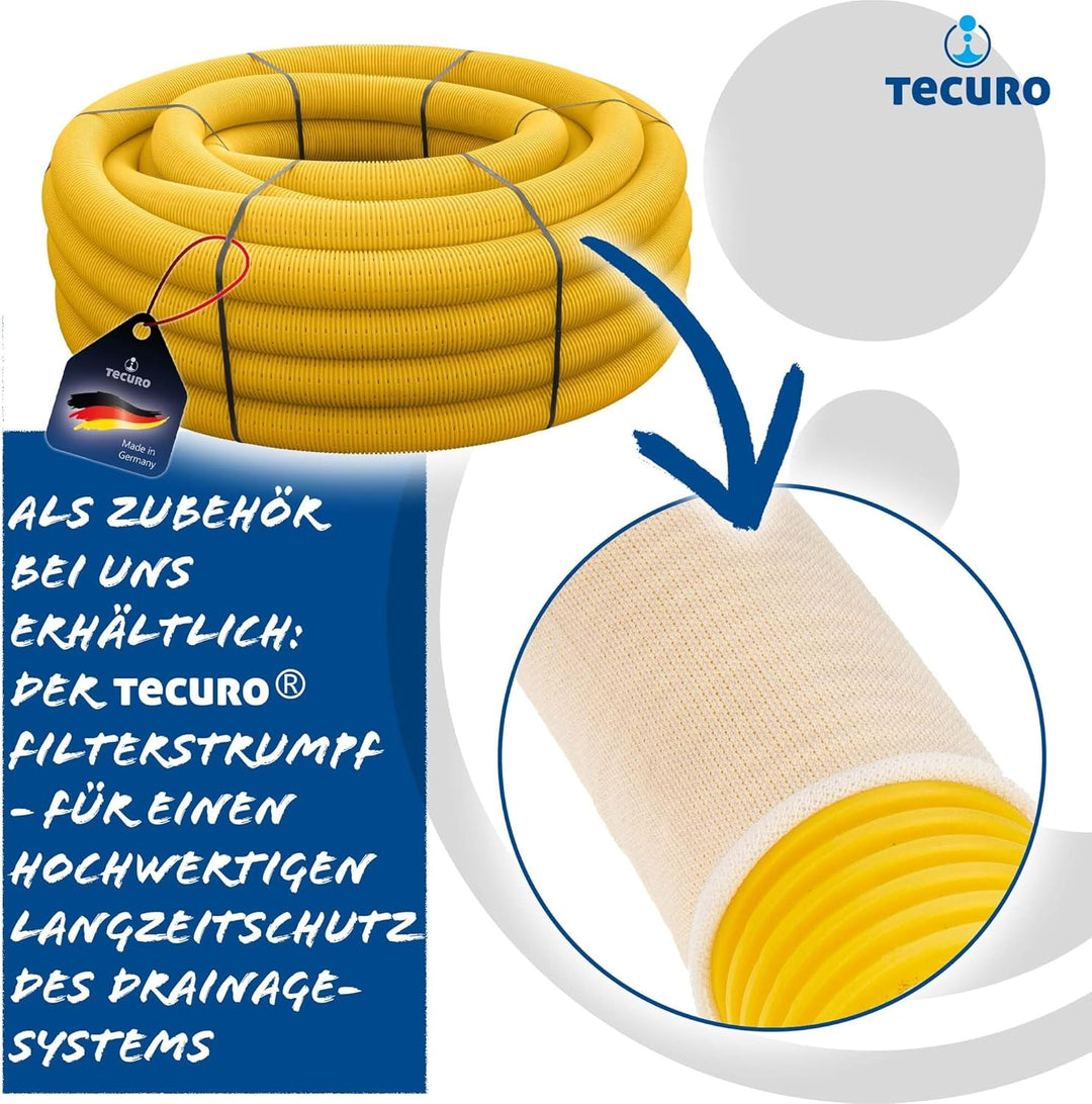 tecuro Drainagerohr flexibel 5 m - DN100 gewellt PVC-U, geschlitzt gelb, für Tiefbau, Garten und Lan