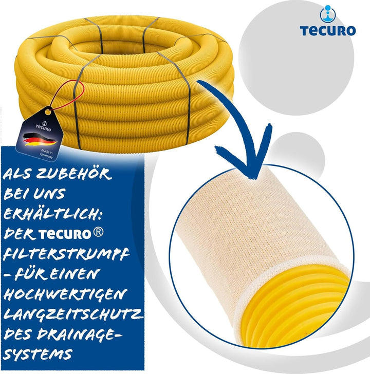 tecuro Drainagerohr flexibel 5 m - DN100 gewellt PVC-U, geschlitzt gelb, für Tiefbau, Garten und Lan