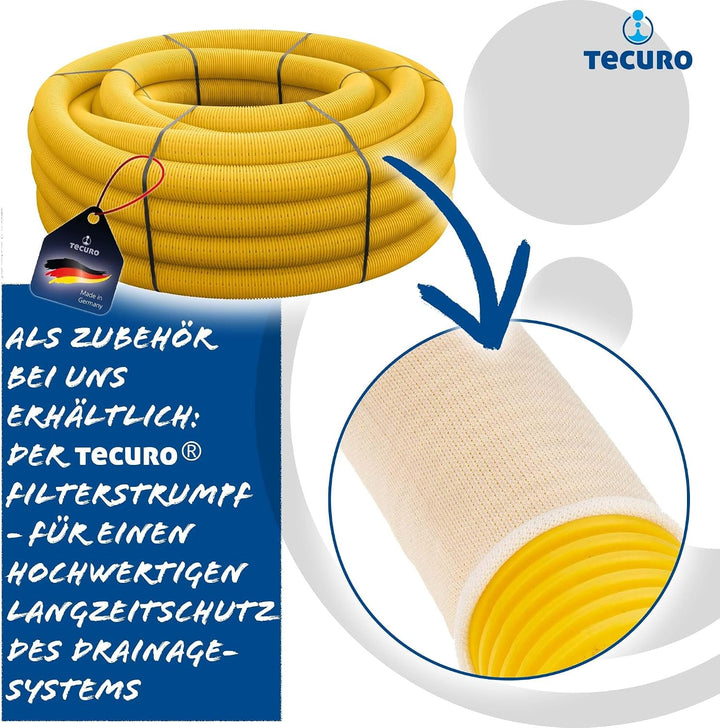 tecuro Drainagerohr flexibel 10 m - DN60 gewellt PVC-U, geschlitzt gelb, für Tiefbau, Garten und Lan