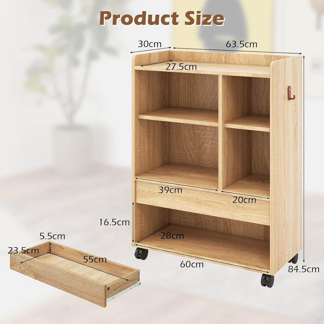 GIANTEX Rollcontainer, Bücherregal mit Schubladen, Rollen & Haken, 63,5 x 30 x 84,5 cm Aktenschrank