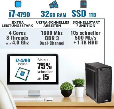 GREED® Ultra PC mit Intel Core i7 4790 - Schneller Rechner + Computer für Büro & Home Office mit 4,0