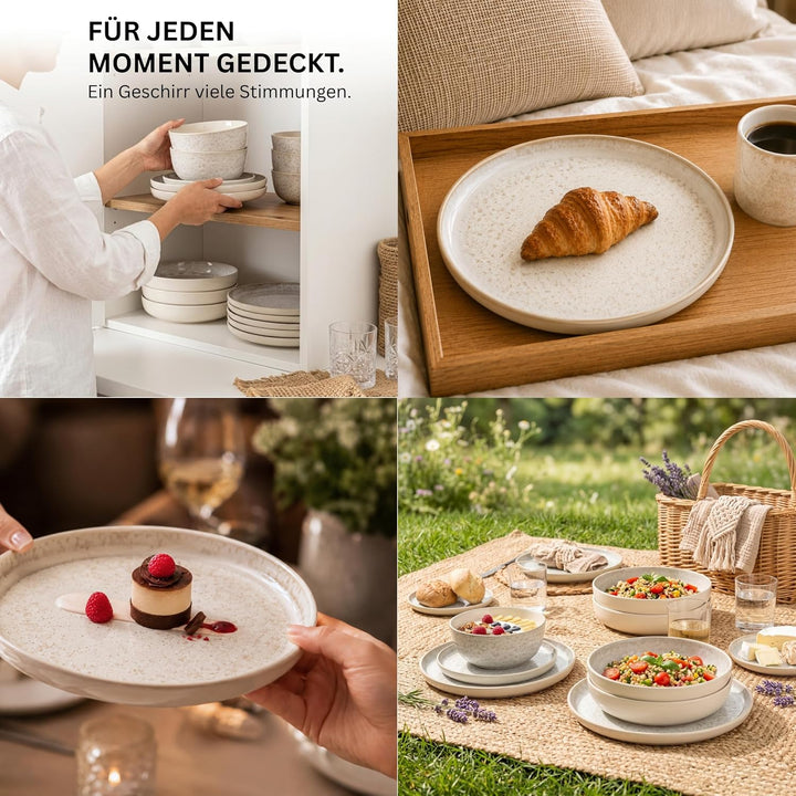 SÄNGER Key West | Steingut Geschirr Set 30 tlg, Teller Set 6 Personen, 6x Speise- Dessertteller, Müs