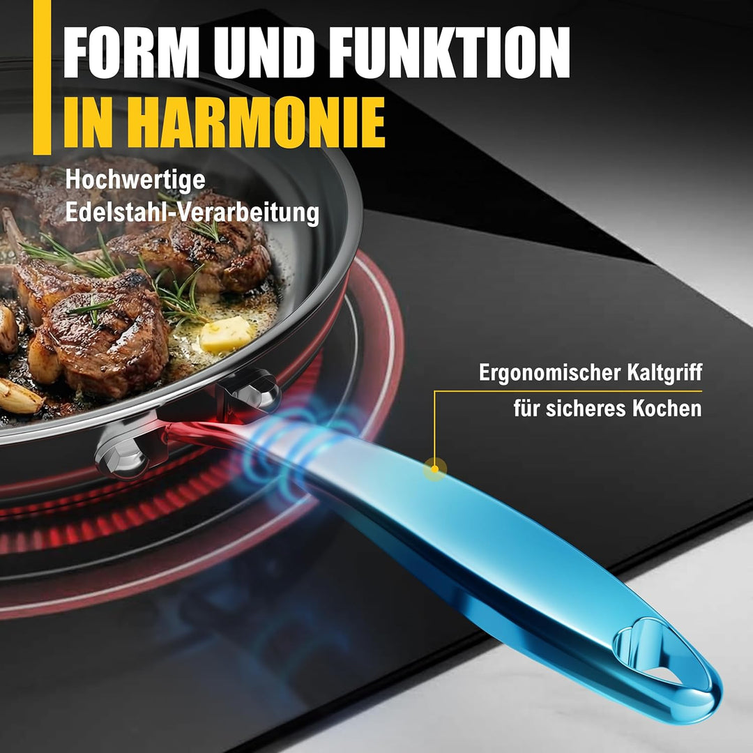 Edelstahlpfanne 28cm Unbeschichtet | 5-Schicht - 3mm -1,3 kg | Bratpfanne aus Edelstahl für Induktio