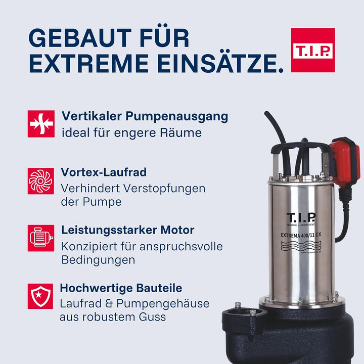 T.I.P. Schmutzwasser Tauchpumpe - Baupumpe Edelstahl (24.000l/h Fördermenge, 11m Förderhöhe, 1,1bar