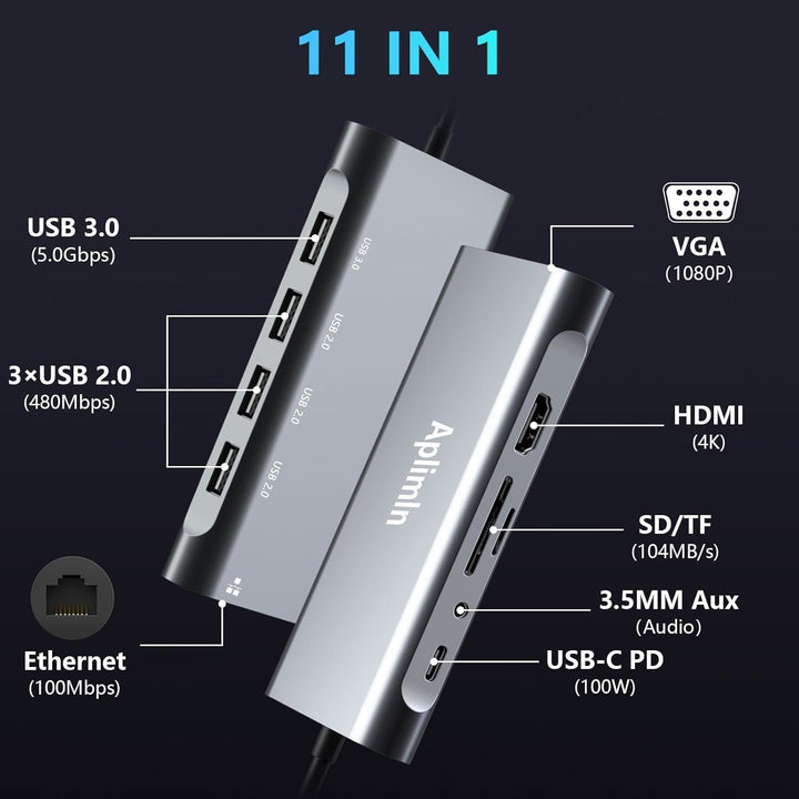 11 IN 1 HUB USB C Multiport Adapter, Ethernet LAN Netzwerkadapter mit 4K-HDMI VGA Adapter, USB 3.0&2