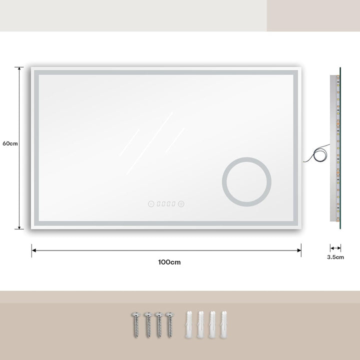 Dripex Badspiegel mit Beleuchtung Led Spiegel mit 3-Fach Schminkspiegel, Uhr und Steckdose, Dimmbar,