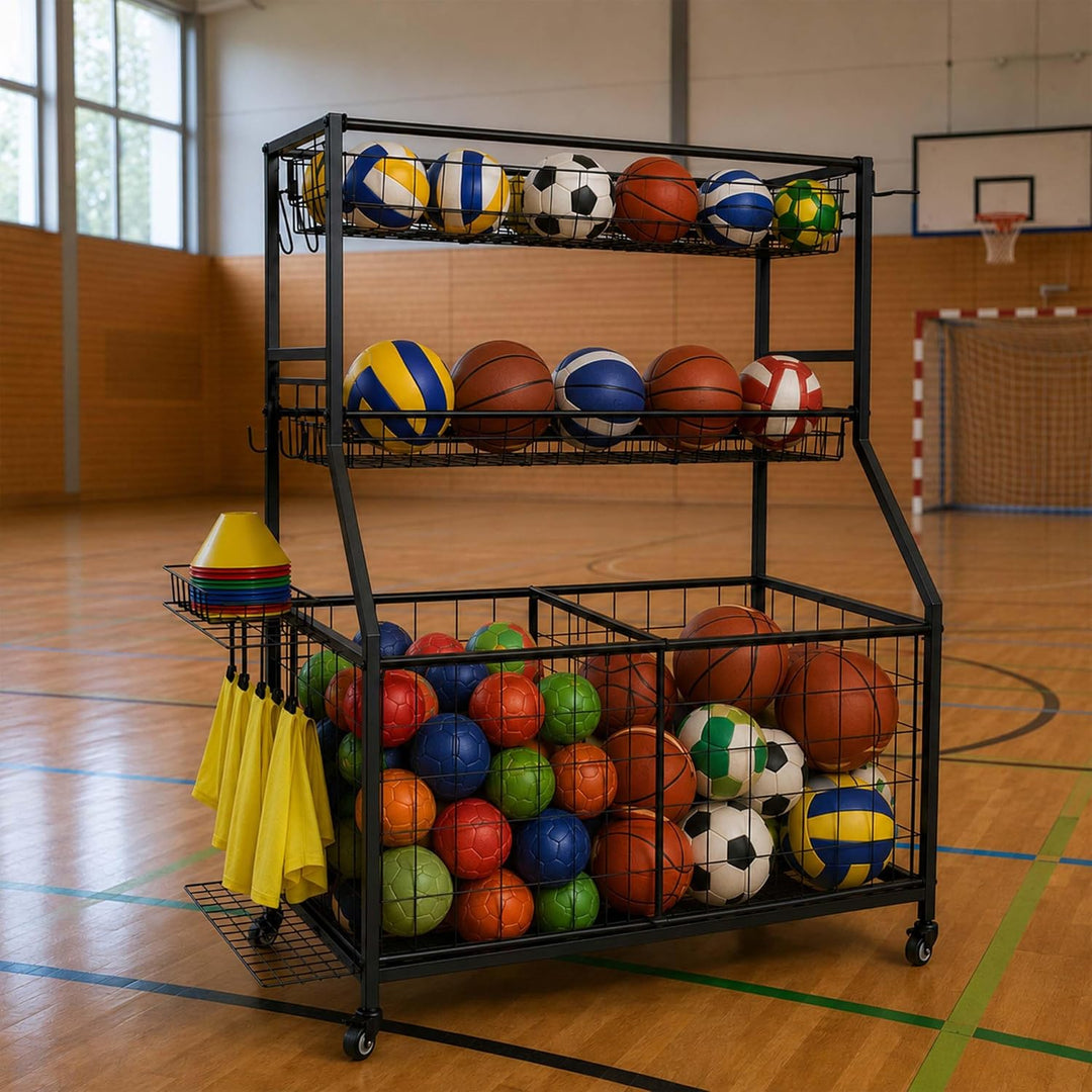 Relaxdays Sportgeräte Aufbewahrung, HBT: 116 x 91,5 x 43 cm, 4 Rollen, mit Bremse, Metall, Ballwagen