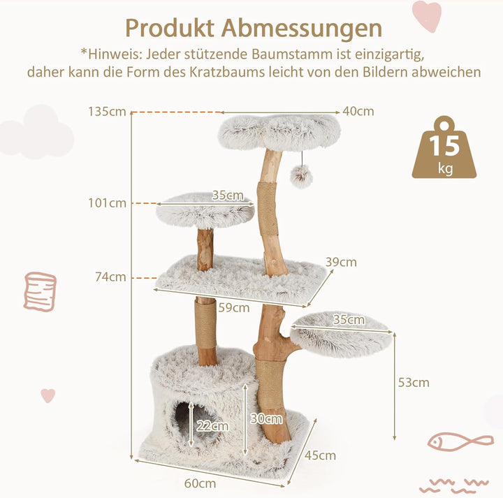 SOARS Kratzbaum Holz, Katzenbaum mit 2 natürlichen Birnbaumstämmen, Sitzplattform & Plüschflächen, S