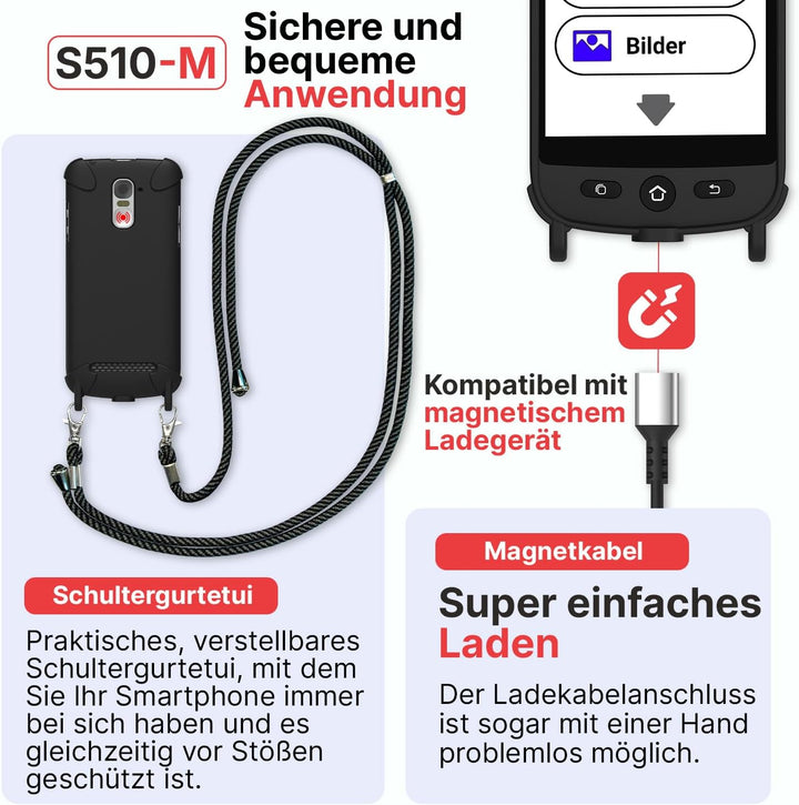 swissvoice - Smartphone S510-M + Magnetisches Ladekabel + Schutzhülle mit Band - Einfach zu bedienen
