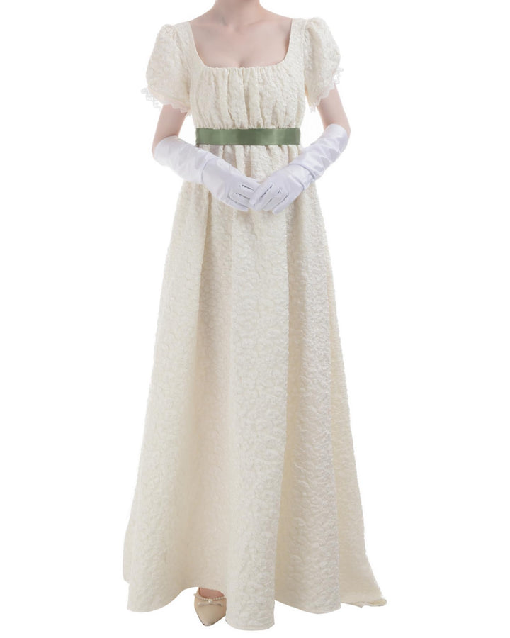 FCCAM Damen Regency Kleid Jane Austen Lange Vintage Kleid Viktorianische Ballkleid mit Handschuhen E