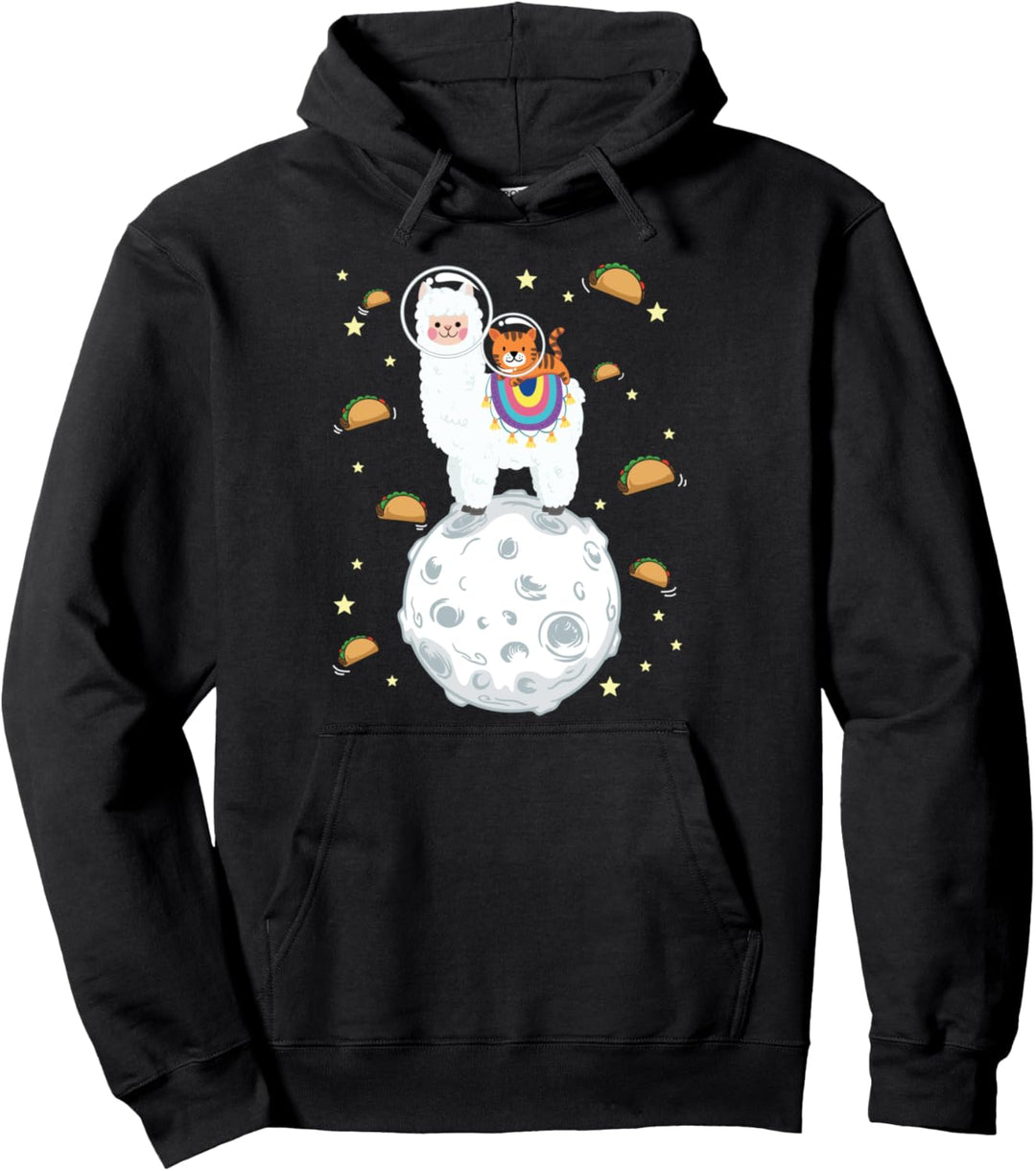 Space Cat Riding Lama-Druck Tacos Pullover Hoodie