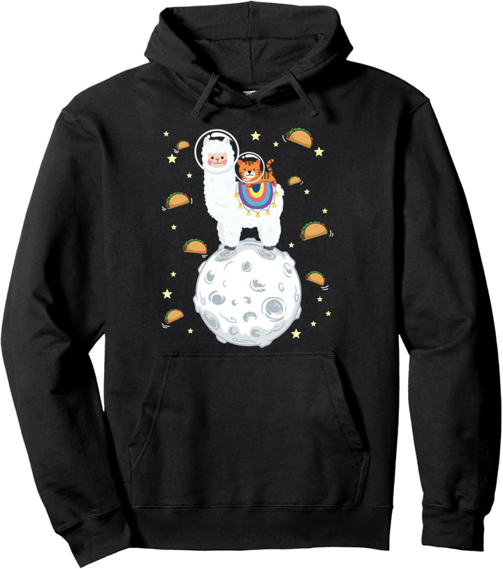 Space Cat Riding Lama-Druck Tacos Pullover Hoodie
