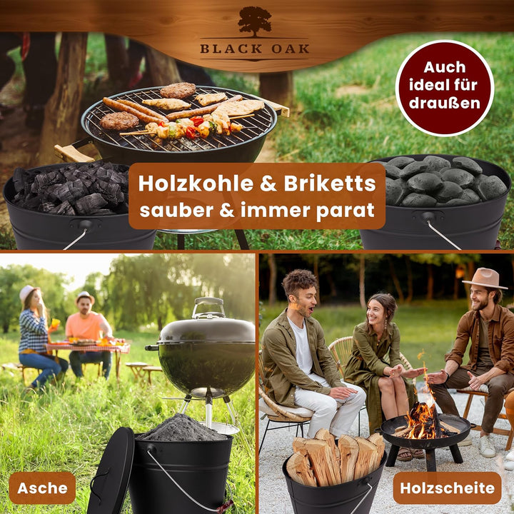 BLACK OAK Ascheeimer Vesuvio 20L mit Lederhandschuh – schwarz oval mit Deckel - gross 20 Liter - Sta