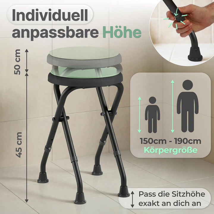 Duschhocker Klappbar, 360° Drehbar &amp; 160kg Belastbar | Duschstuhl für Senioren | Höhenverstellbare,