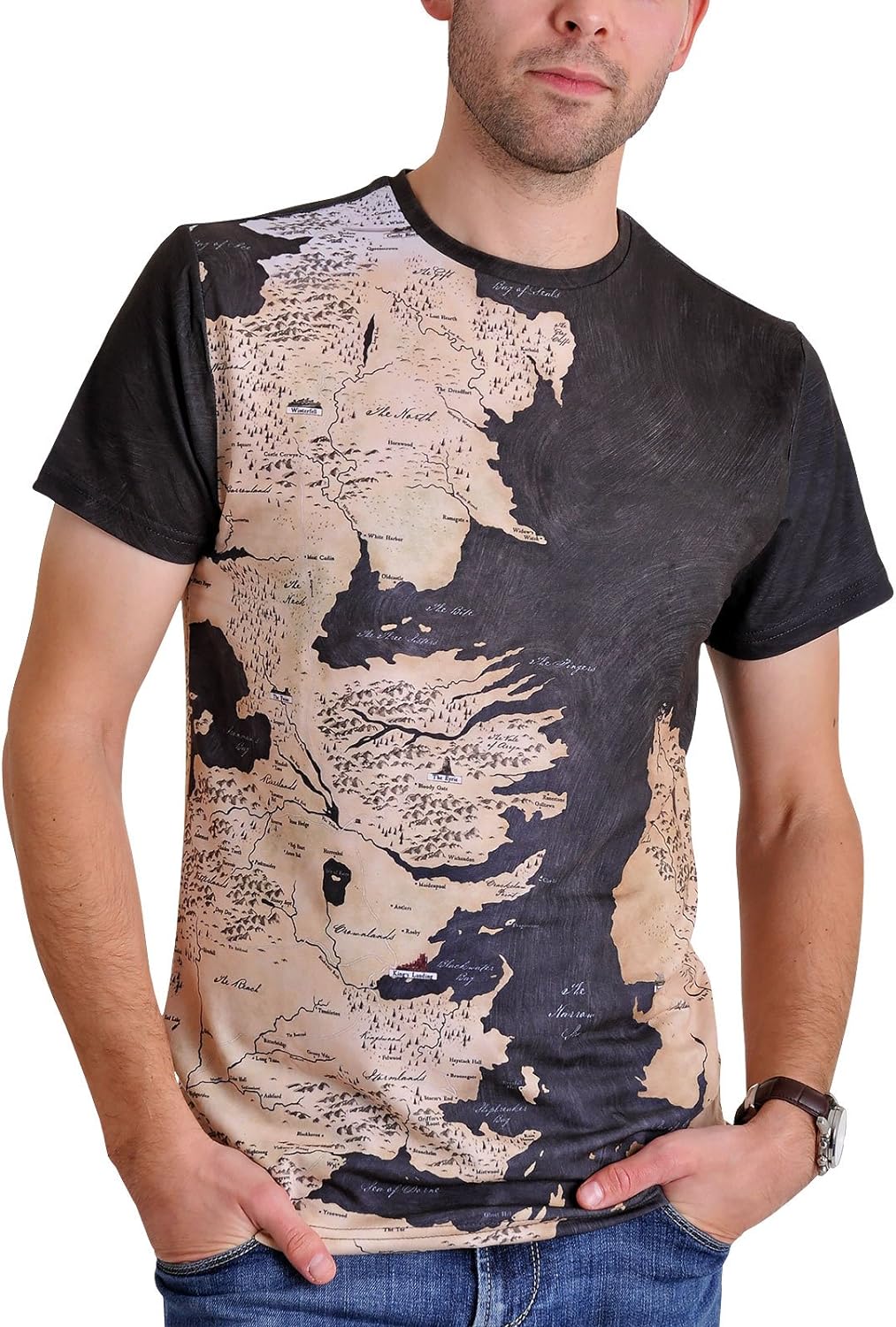 Elbenwald Game of Thrones T-Shirt Westeros und Essos Karte Rundum-Print für Herren schwarz - S