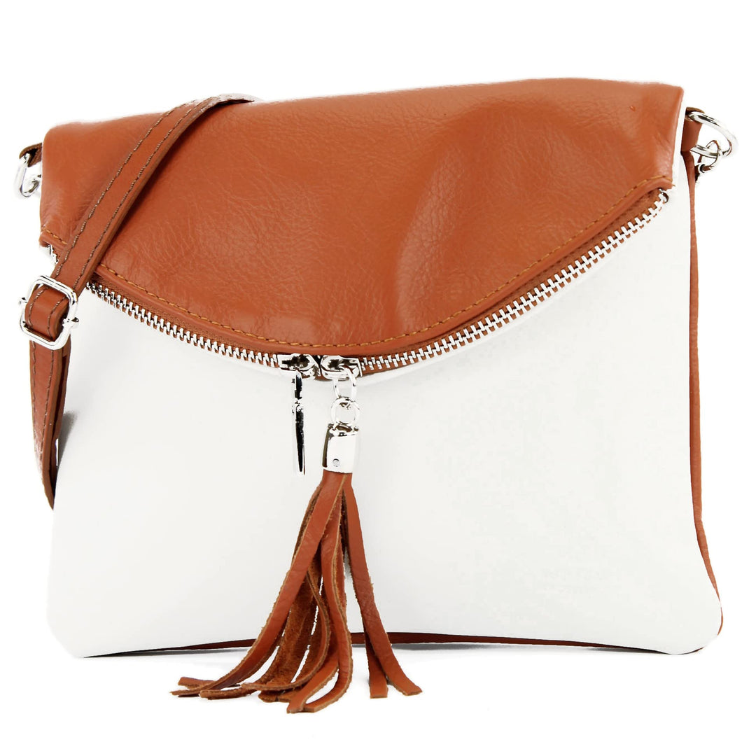 modamoda de - T139 - ital Umhängetasche Klein aus Nappaleder Weiss/Cognac2021, Weiss/Cognac2021