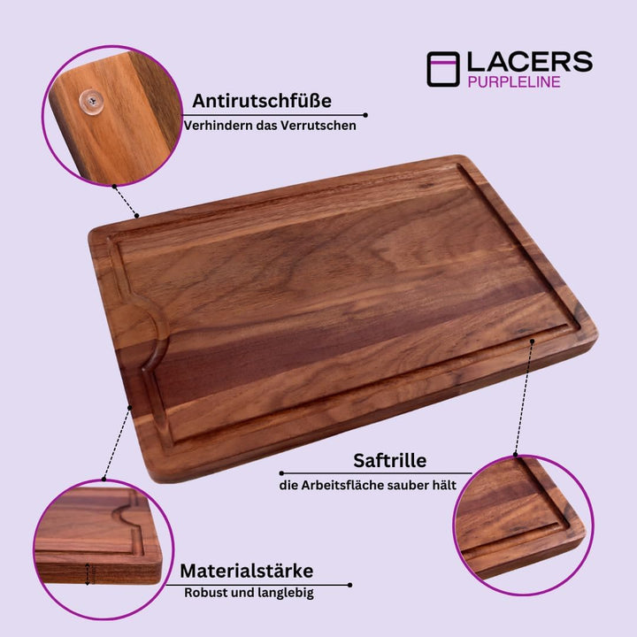 Lacers PurpleLine Holzschneidebrett aus Walnussholz mit Saftrille, Antirutsch-Füssen & edlem Design