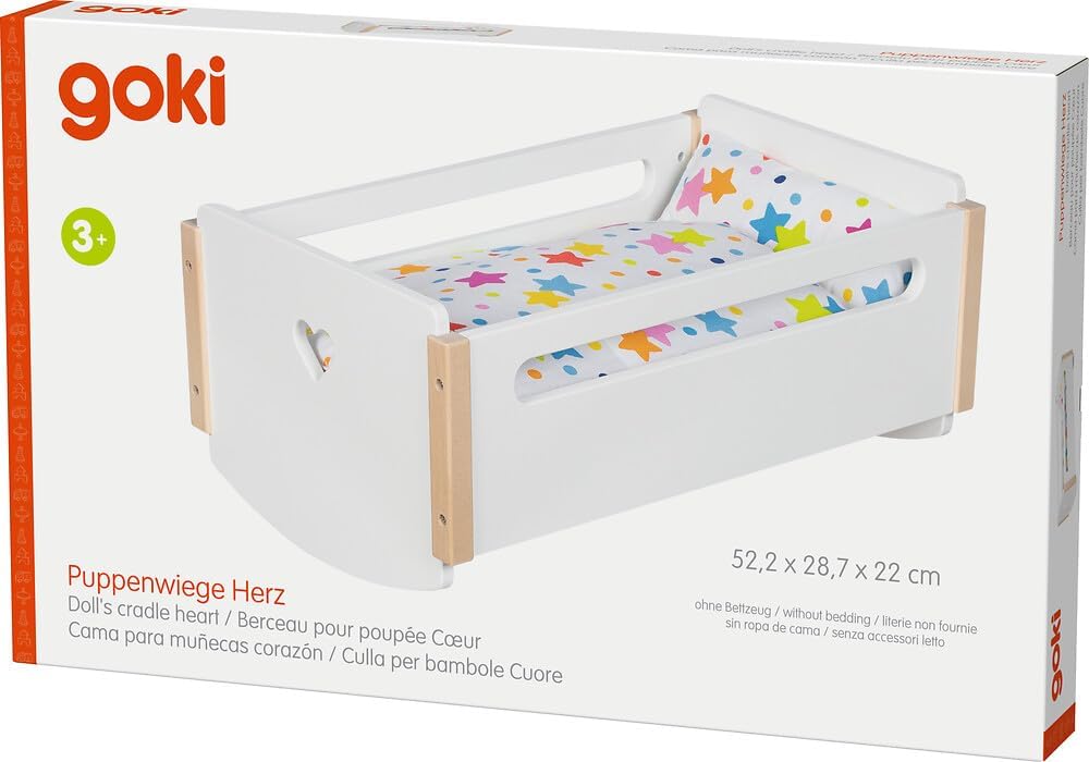 goki 51432 - Puppenwiege Herz, 52,2 x 30,3 x 22 cm, weiss &amp; Natur, Holz-Puppenbett mit Schaukelkufen