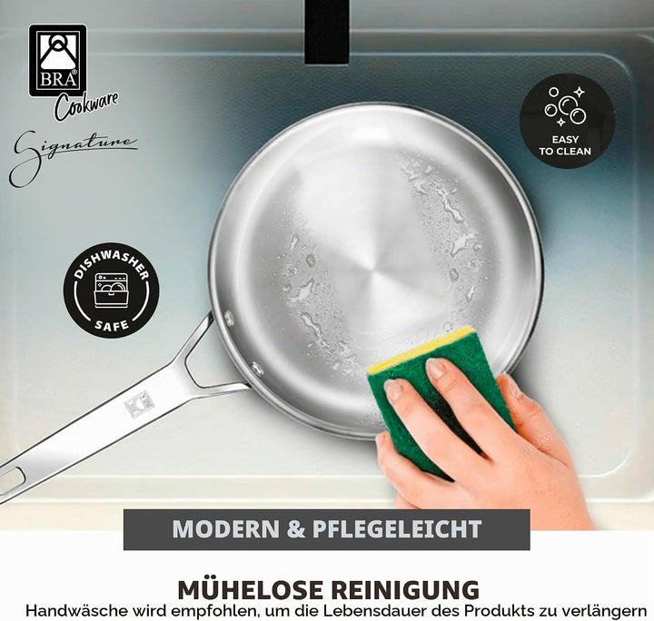 BRA Signature | Tiefe 24-cm-Pfanne, Edelstahl 18/10 | Ohne Antihaftbeschichtung, dreifacher Diffusor