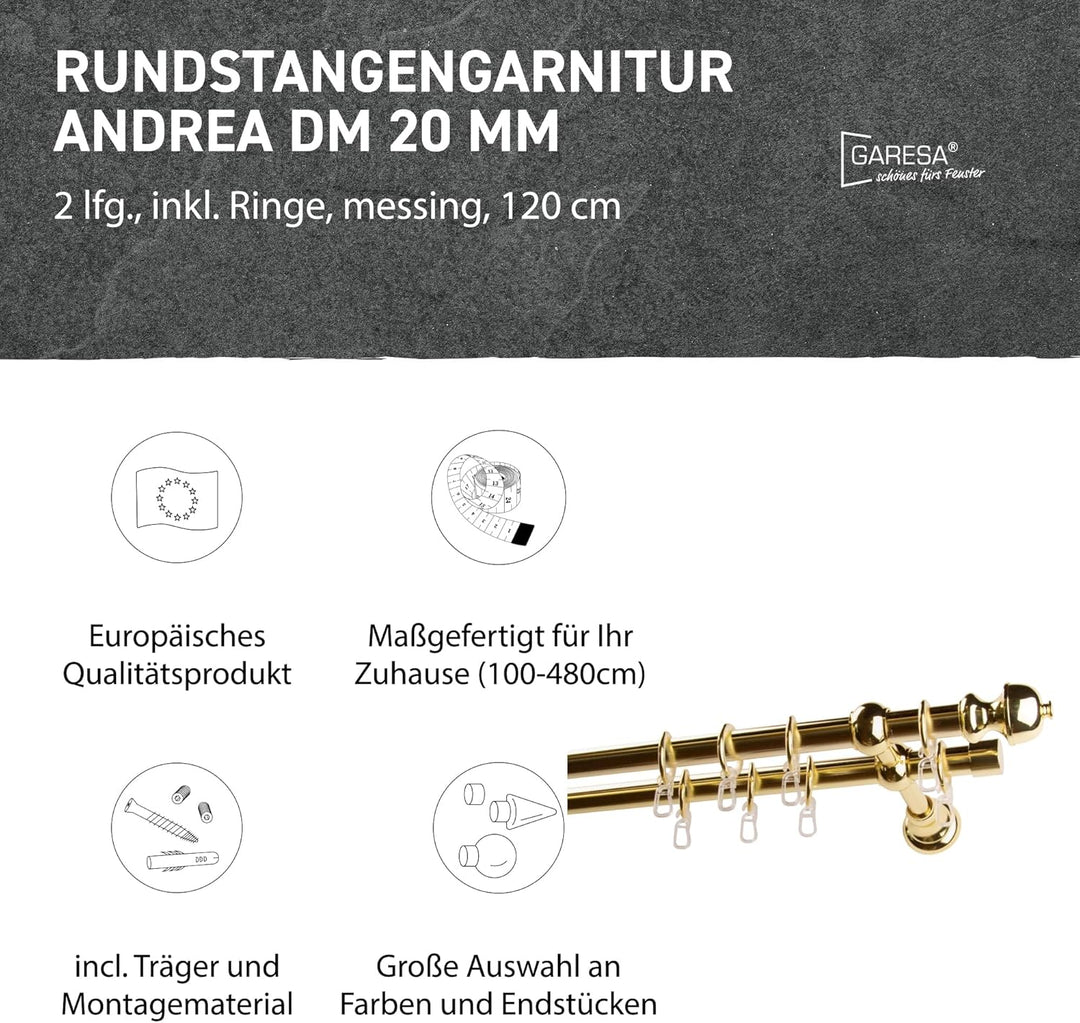Garesa Gardinenstange Andrea Ø 20mm, 2-läufig, Messing I Stabile Vorhangstange inkl. Ringe + Faltenl
