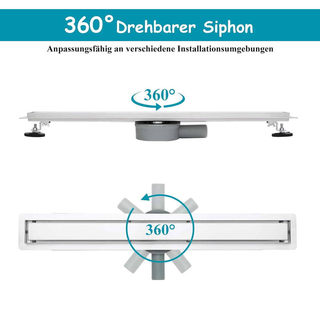 Duschrinne 80cm 304 Edelstahl Bodenablauf - 360° Siphon Befliesbar Duschablauf Extra Flach mit Geruc