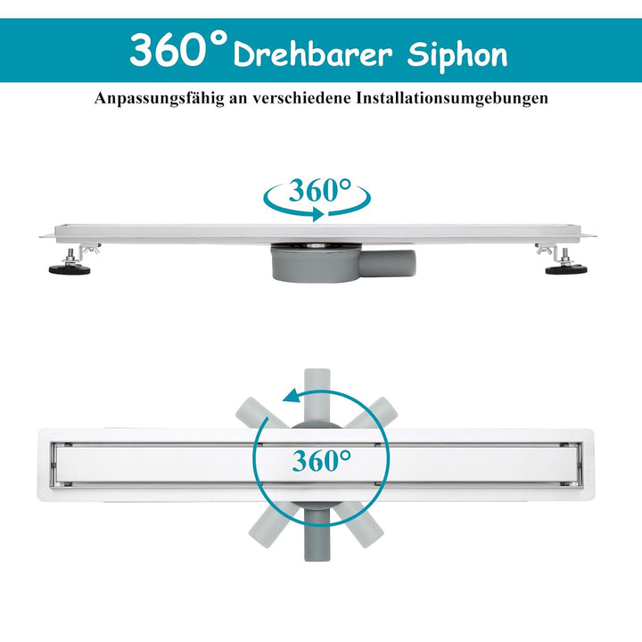 Duschrinne 80cm 304 Edelstahl Bodenablauf - 360° Siphon Befliesbar Duschablauf Extra Flach mit Geruc